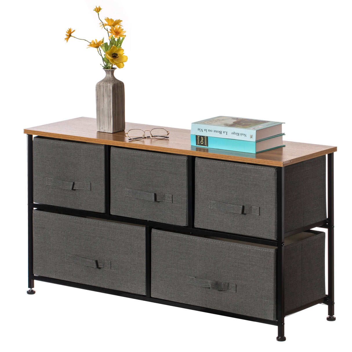 Charcoal Five Fabric Storage Drawer Unit, Wooden Top Dresser Tower, 2 Sizes Bins, Gray, 5 Drawers - LEHADAR