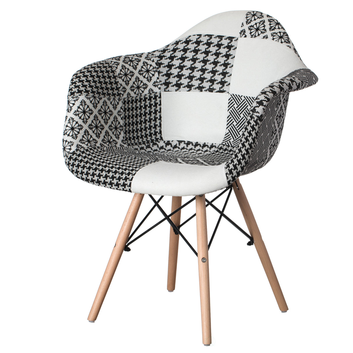 Mid-Century Modern Style Fabric Lined Armchair with Beech Wooden Legs, Black and White - LEHADAR