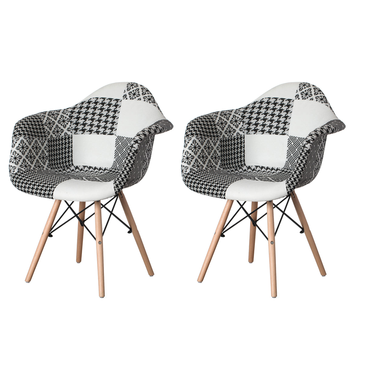Mid-Century Modern Style Fabric Lined Armchair with Beech Wooden Legs, Black and White Set 2 - LEHADAR