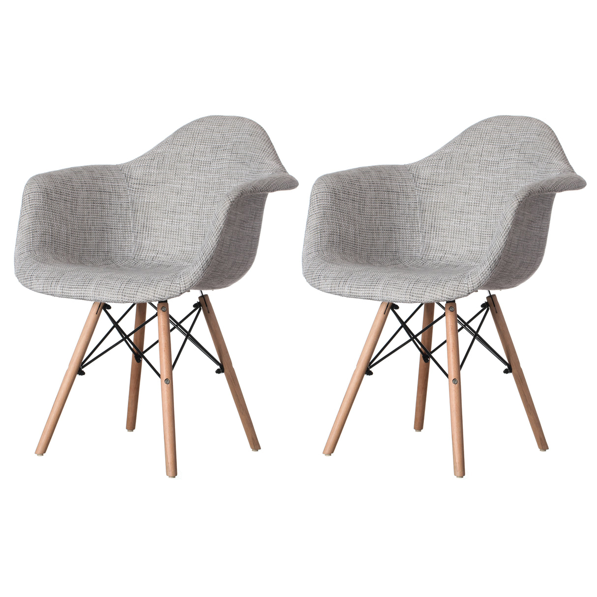 Mid-Century Modern Style Fabric Lined Armchair with Beech Wooden Legs, Grey Set 2 - LEHADAR