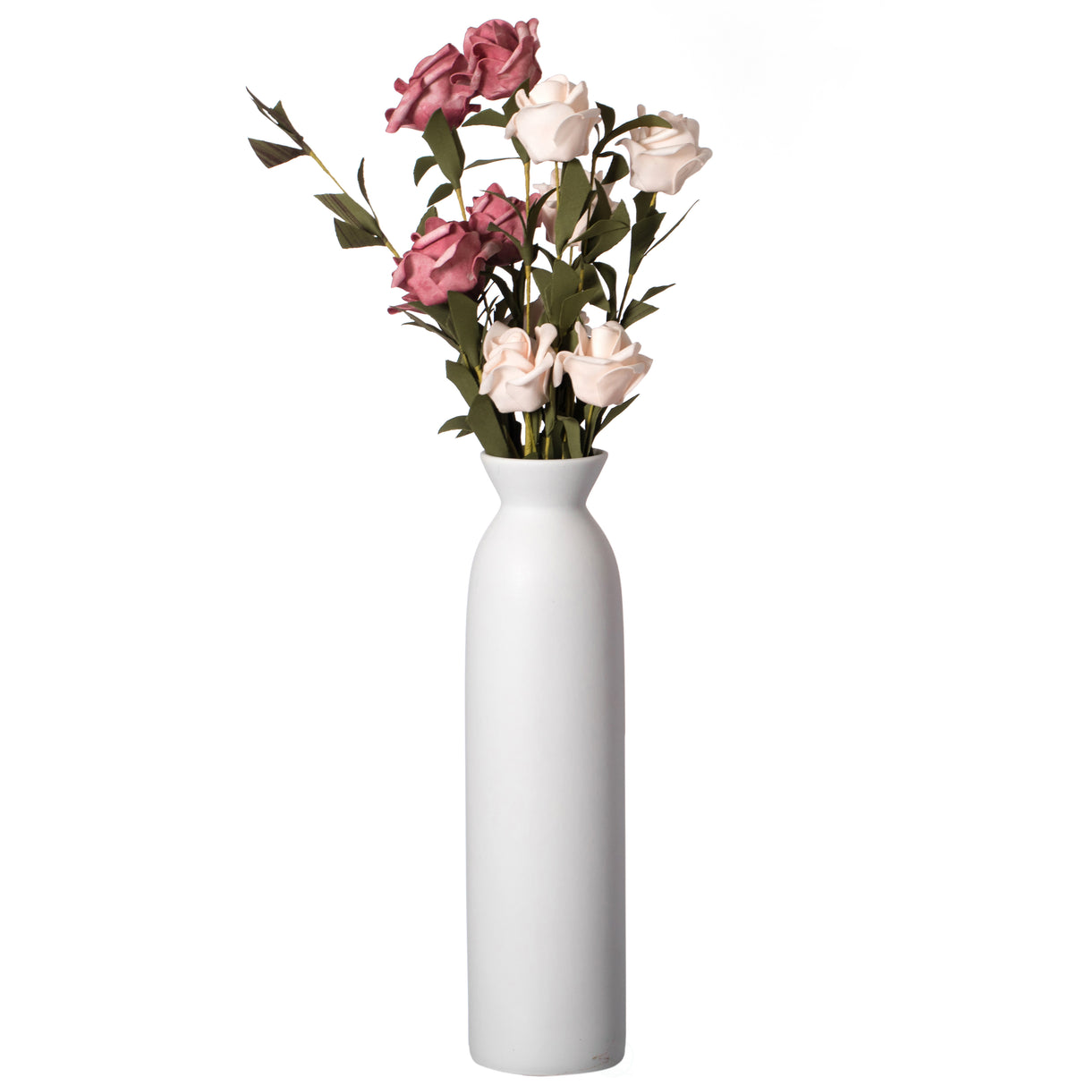 Modern White Cylinder Shaped Ceramic Table Flower Vase Holder - Elegant Home Decor Accent, Ideal for Fresh and Artificial Flowers, Stylish Centerpiece for Living Room, Dining Room, and Office, 12 Inch - LEHADAR