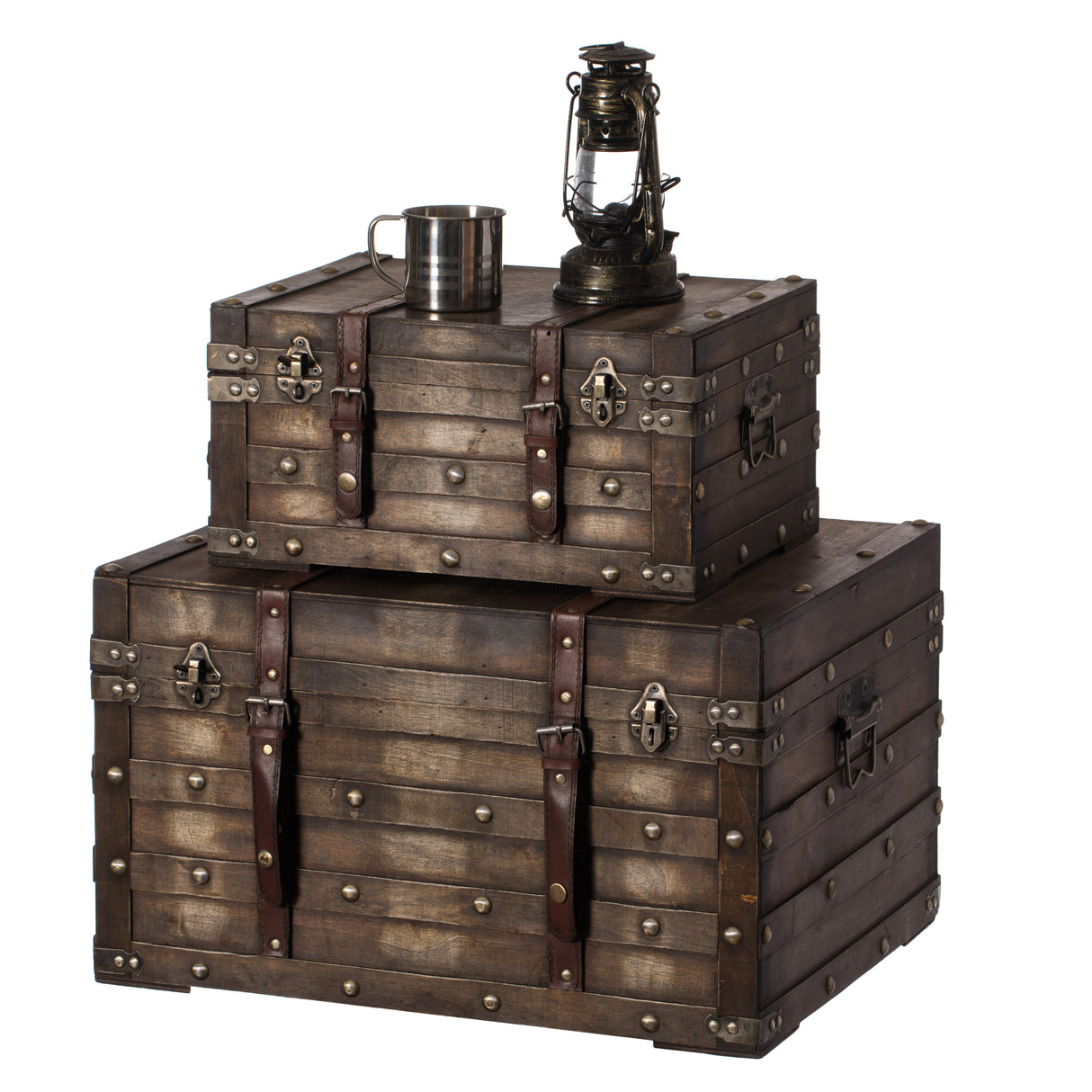Wooden Brown Storage Trunk with Faux Leather Straps and Handles, Set of 2 - LEHADAR