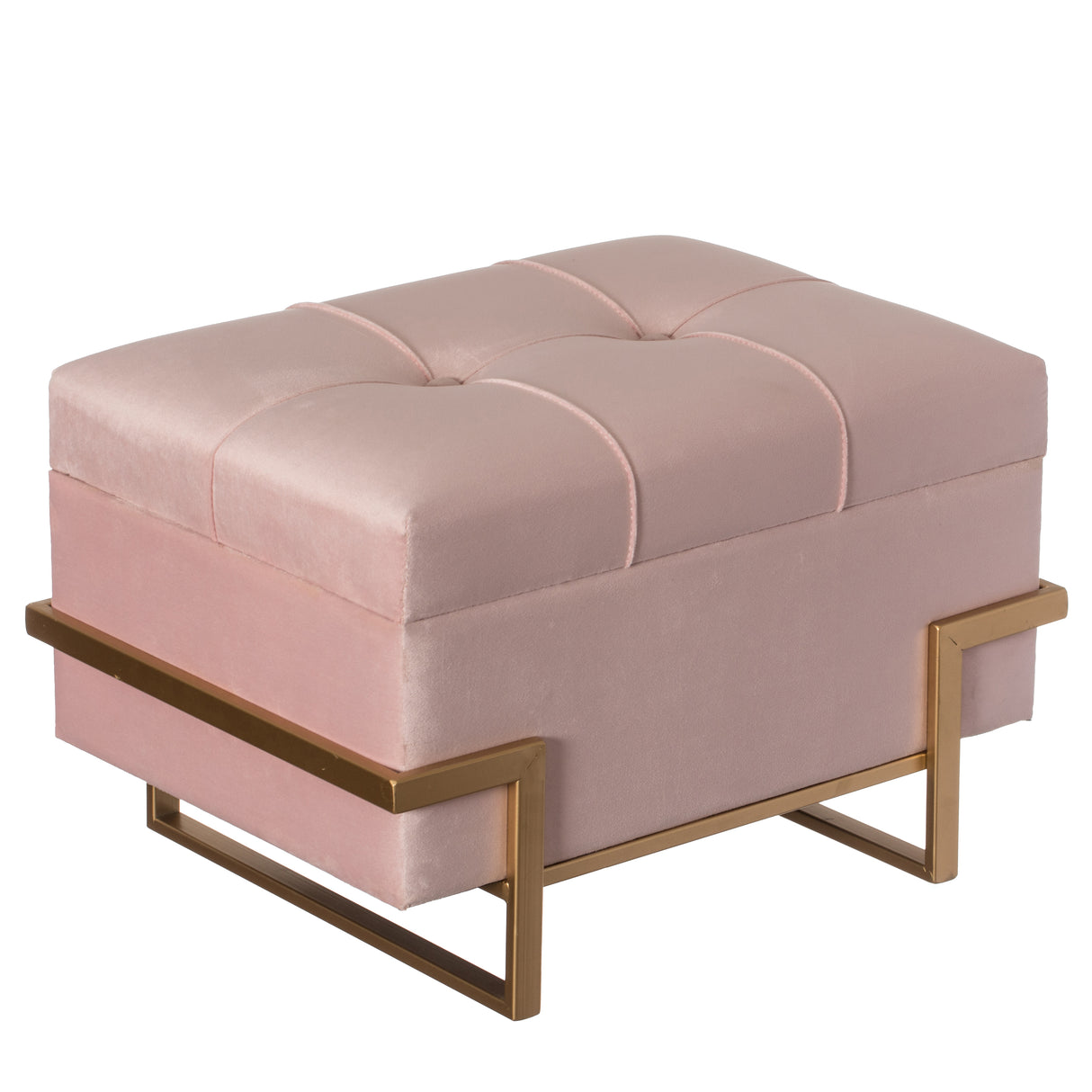 Large Tufted Minimalist Rectangular Velvet Storage Ottoman with Gold Metal Legs, Pink - LEHADAR