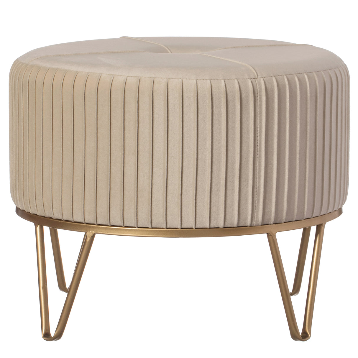 Round Velvet Ottoman Stool Raised with Hairpin Gold Base, Cream, Medium - LEHADAR