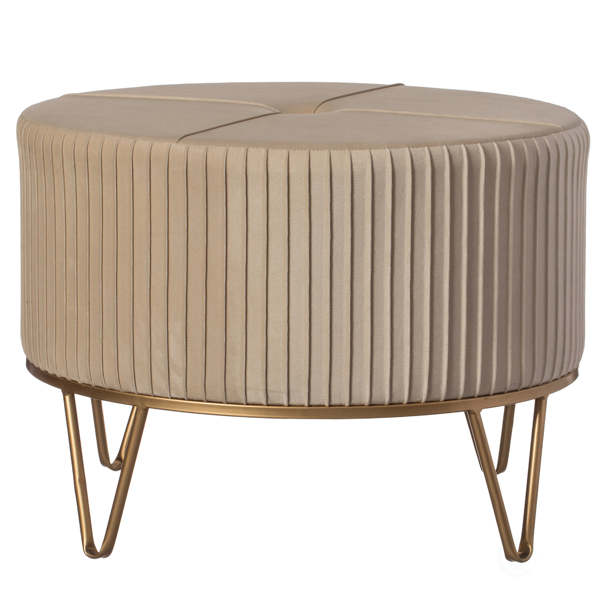 Round Velvet Ottoman Stool Raised with Hairpin Gold Base, Cream, Large - LEHADAR