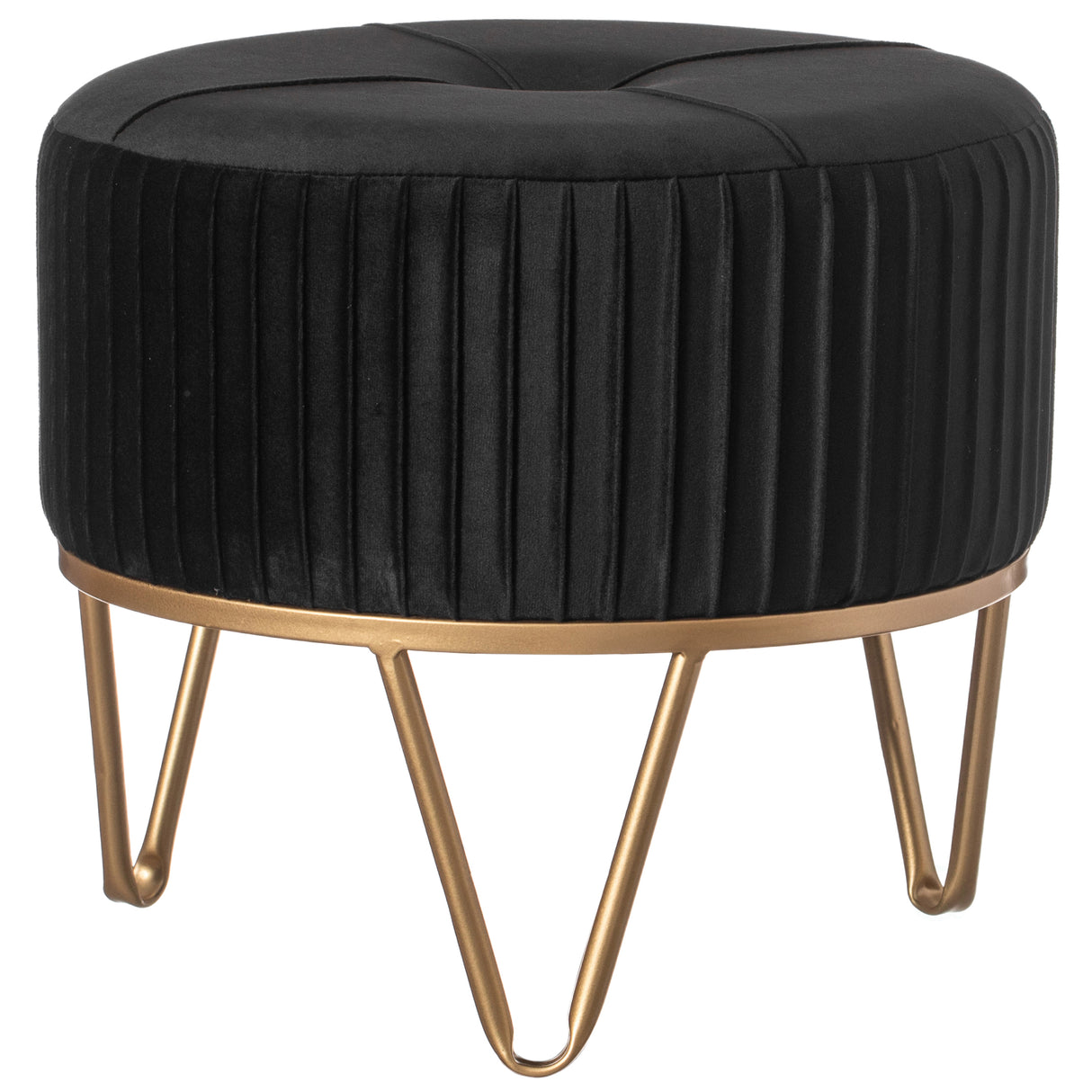 Round Velvet Ottoman Stool Raised with Hairpin Gold Base, Black, Small - LEHADAR