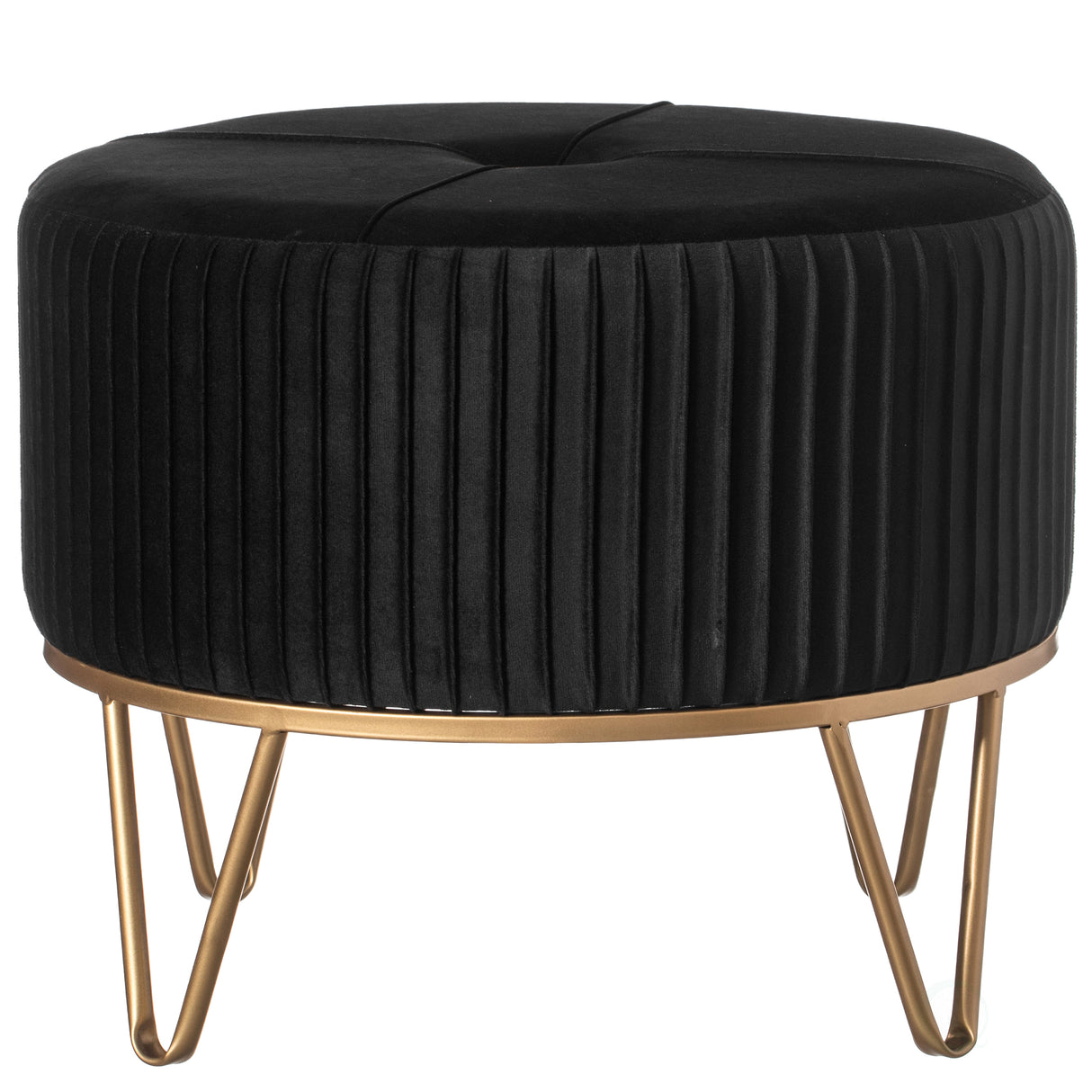 Round Velvet Ottoman Stool Raised with Hairpin Gold Base, Black, Medium - LEHADAR