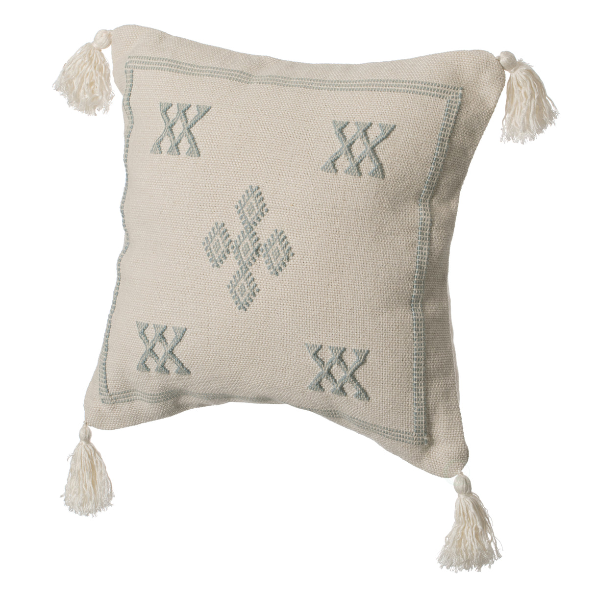 16" Throw Pillow Cover with Southwest Tribal Pattern and Corner Tassels, Grey & White - LEHADAR
