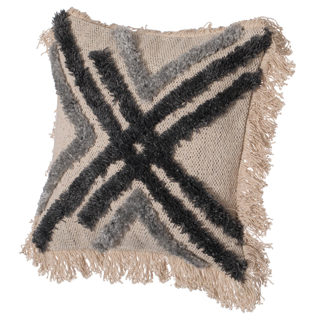 16" Handwoven Cotton & Silk Throw Fringed Pillow Cover with Embossed Crossed lines with Filler, Black & Natural - LEHADAR