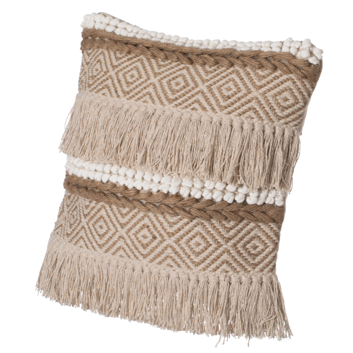 16" Handwoven Cotton Throw Pillow Cover with Embossed White Dots and Natural Fringed Pattern with Filler, Natural - LEHADAR