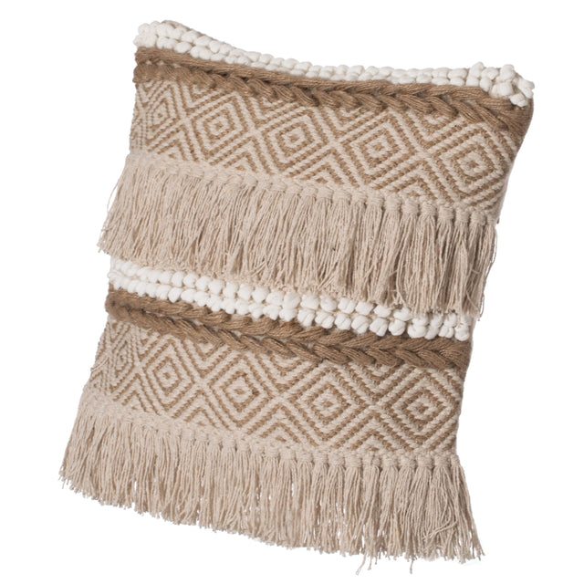 16" Handwoven Cotton Throw Pillow Cover with Embossed White Dots and Natural Fringed Pattern, Natural - LEHADAR