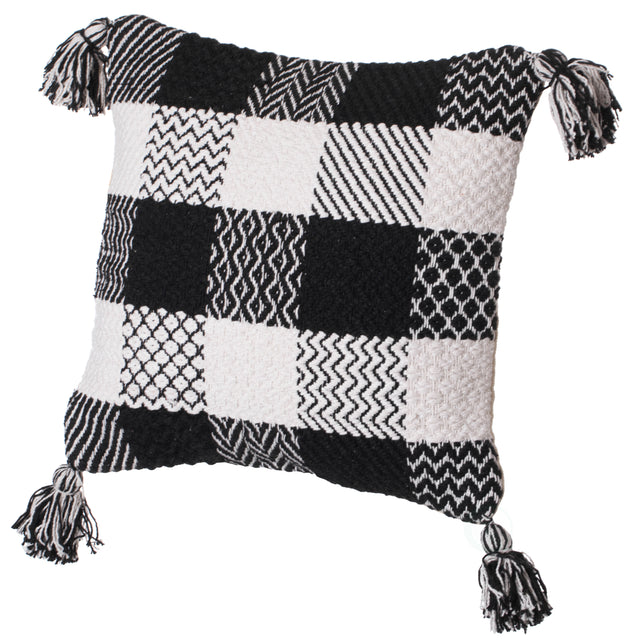 16" Handwoven Cotton Throw Pillow Cover with Patterned Gingham Design and Tasseled Corners , Black & White - LEHADAR