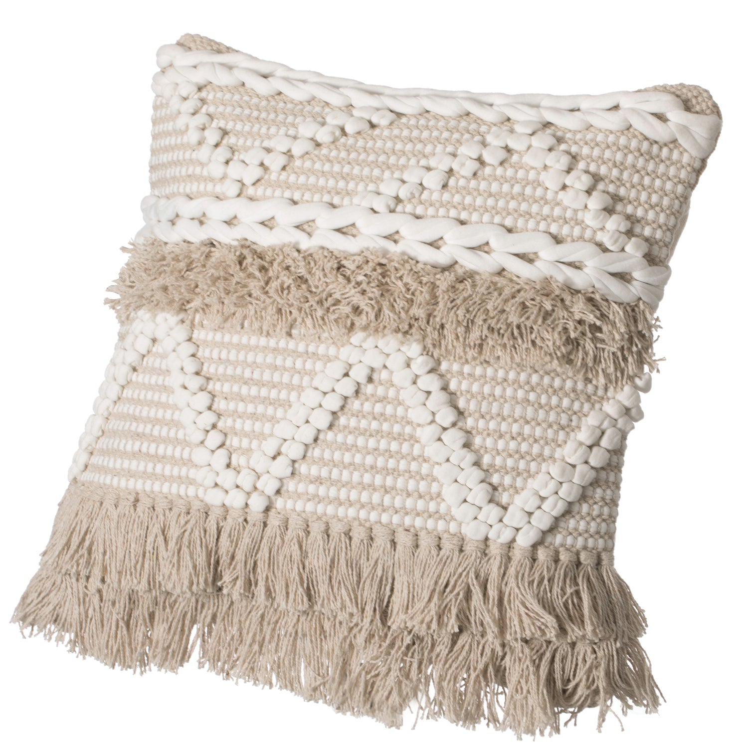 16" Handwoven Cotton Throw Pillow Cover with White Dot Pattern and Natural Tassel Fringe Lines with Filler, Natural - LEHADAR
