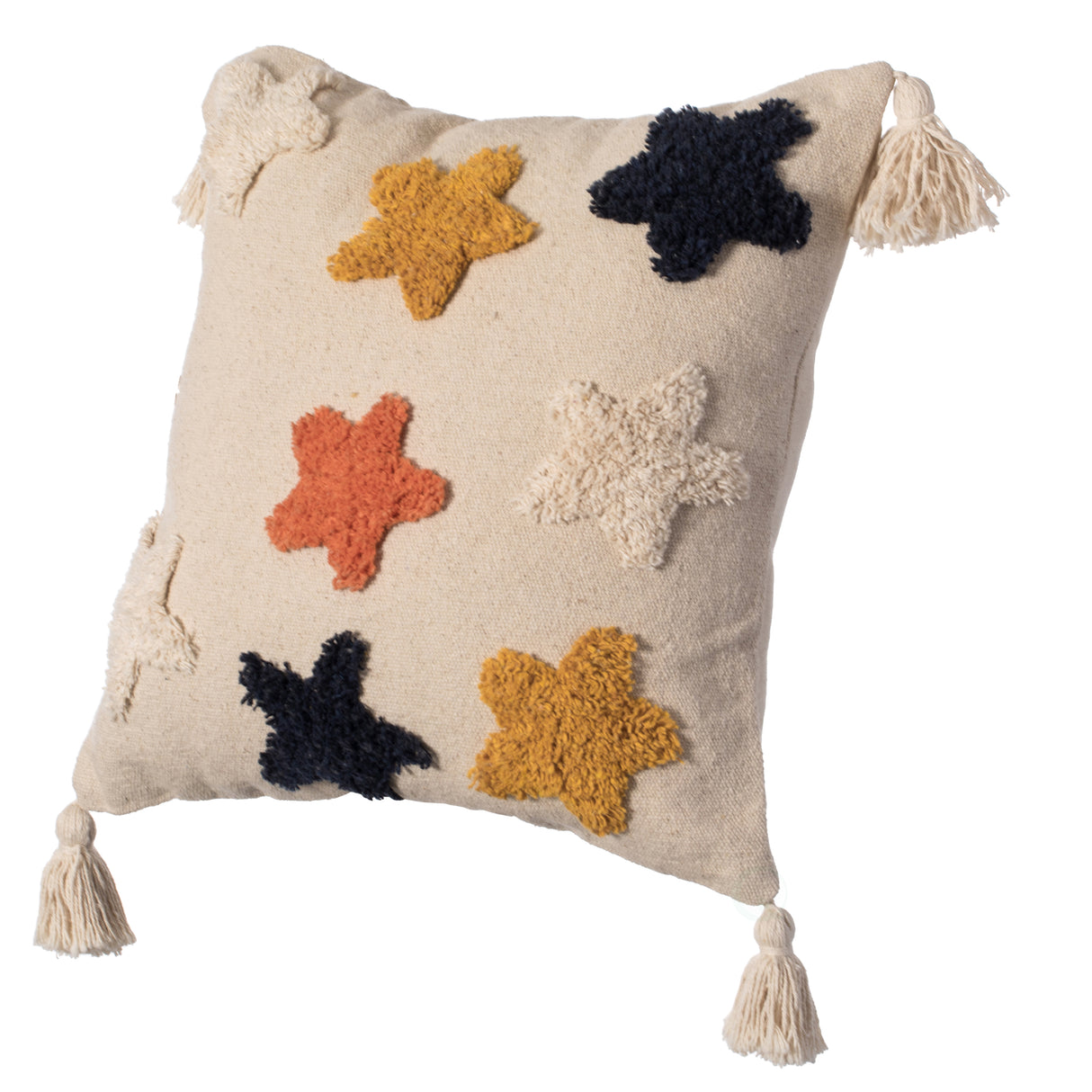 16" Handwoven Cotton Throw Pillow Cover with Tufted Star Pattern and Side Tassels with Filler, Multicolor - LEHADAR