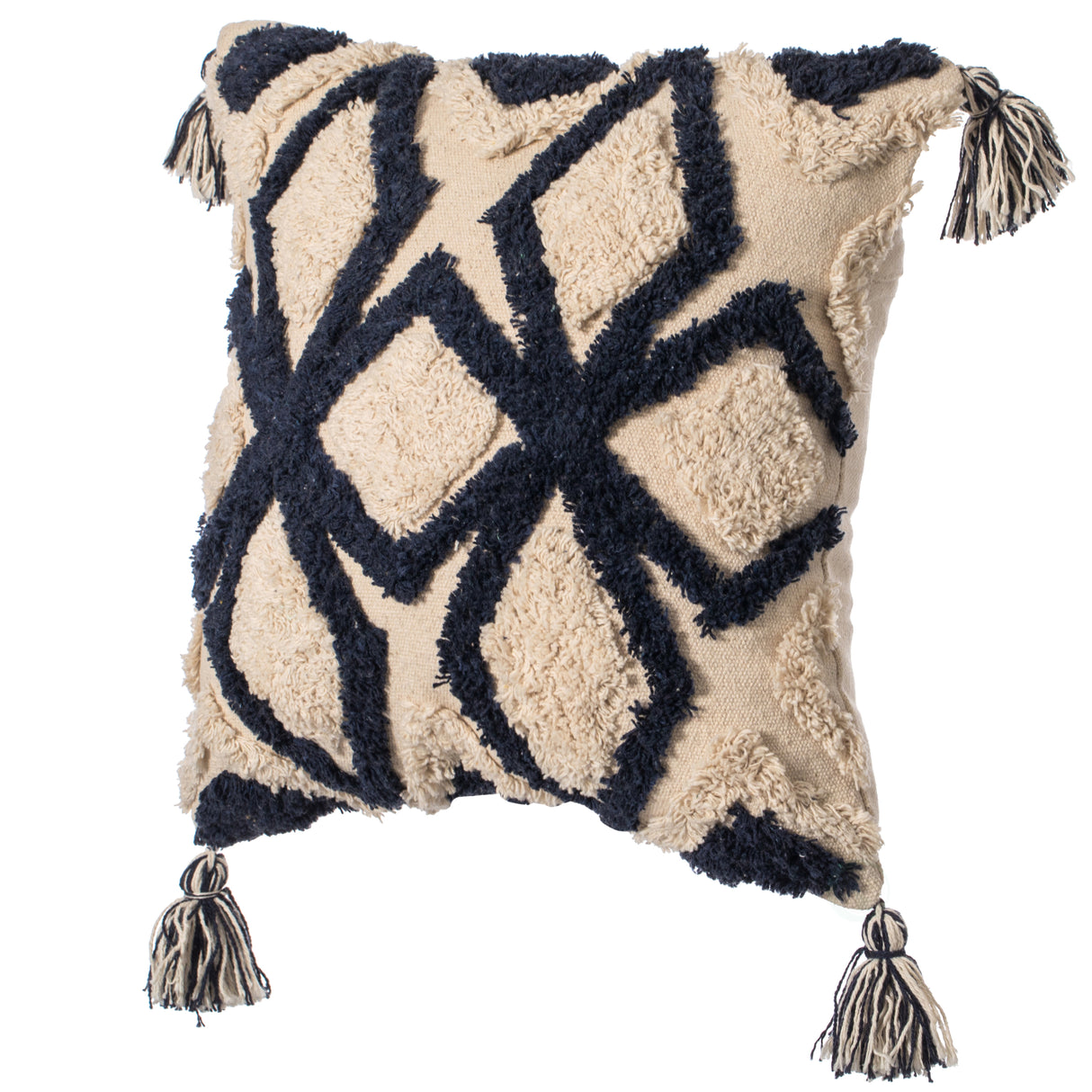 16" Handwoven Cotton Throw Pillow Cover with Tufted Blue & White Geometric Pattern and Corner Tassels, Blue - LEHADAR