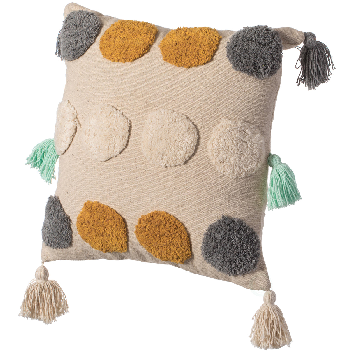 16" Handwoven Cotton Throw Pillow Cover with Tufted Dot Pattern and Side Tassels with Filler, Multicolor - LEHADAR