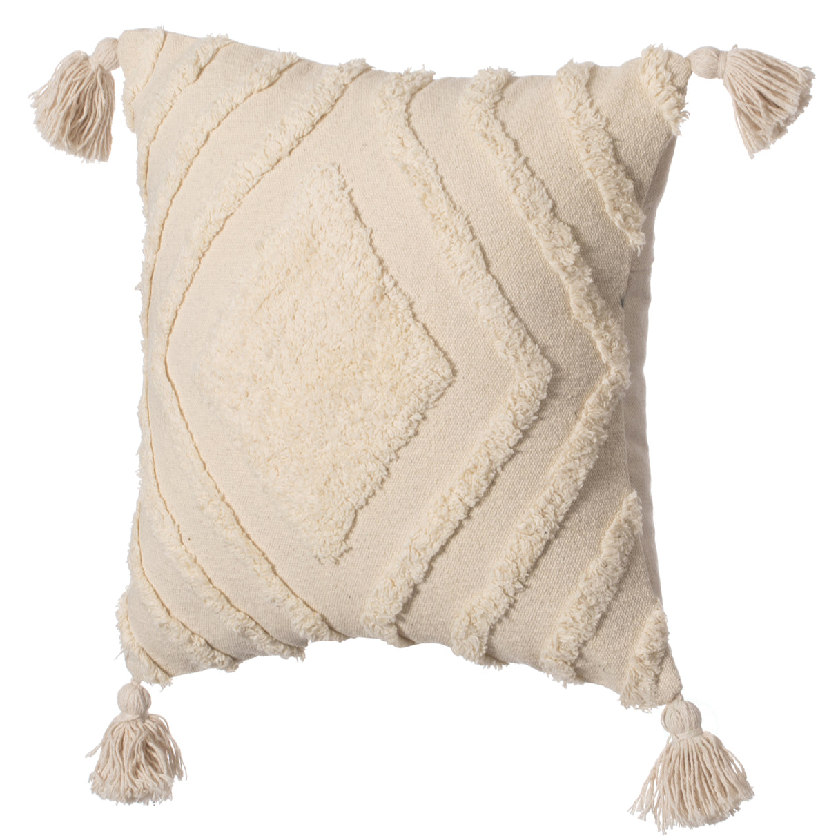 16" Handwoven Cotton Throw Pillow Cover with White Tufted Large Chevron Pattern and Tassel Corners, White - LEHADAR