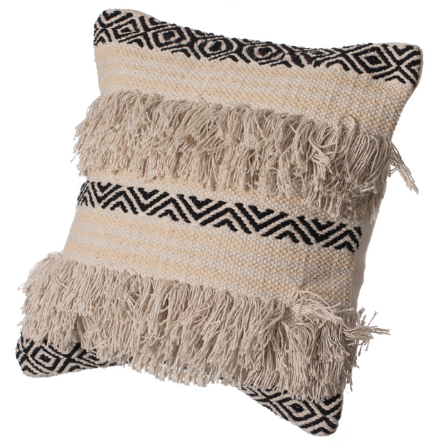 16" Handwoven Cotton Throw Pillow Cover with Boho Design and Fringed Lines with Filler, Natural - LEHADAR