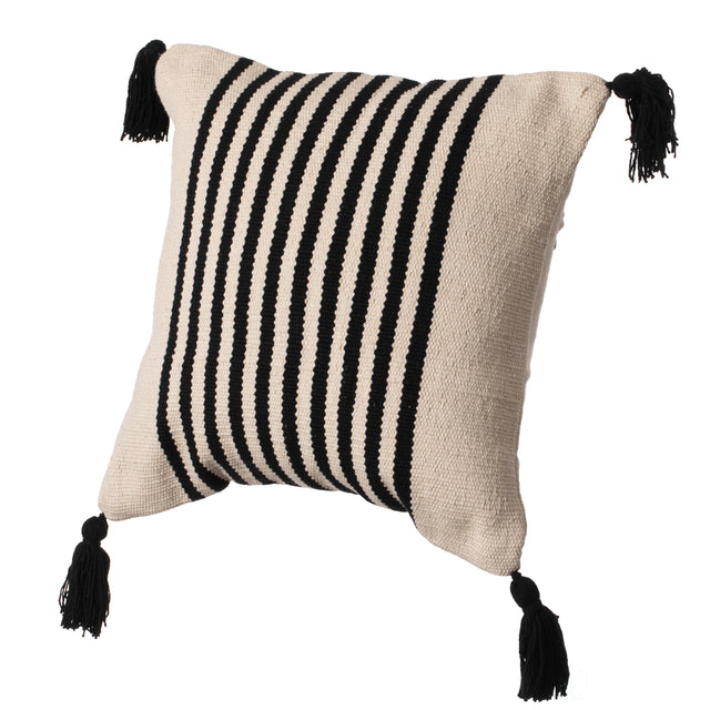 16" Handwoven Cotton Throw Pillow Cover with Striped Lines with Filler, Black - LEHADAR