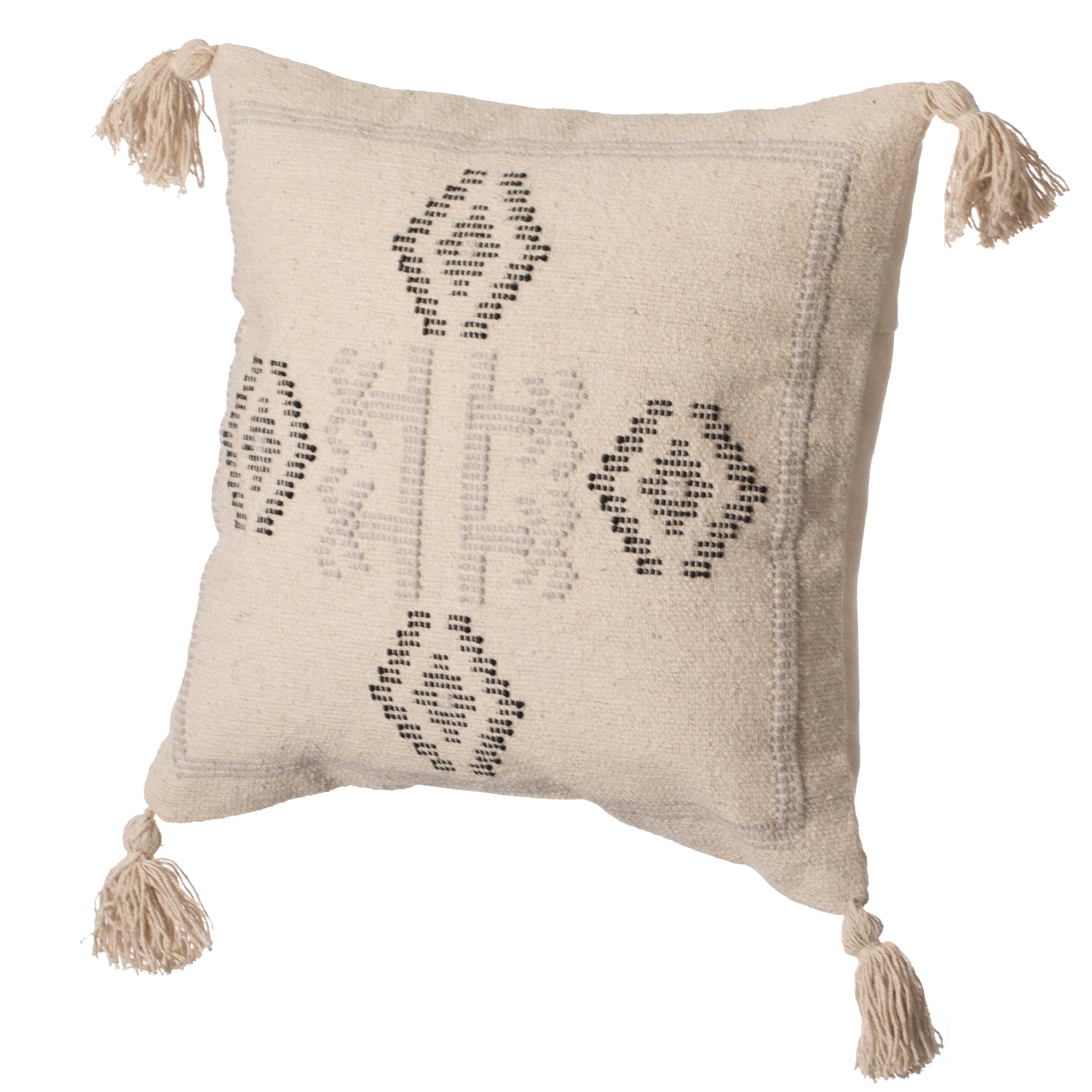 16" Handwoven Cotton Throw Pillow Cover with Tribal Aztec Design and Tassel Corners, Natural - LEHADAR