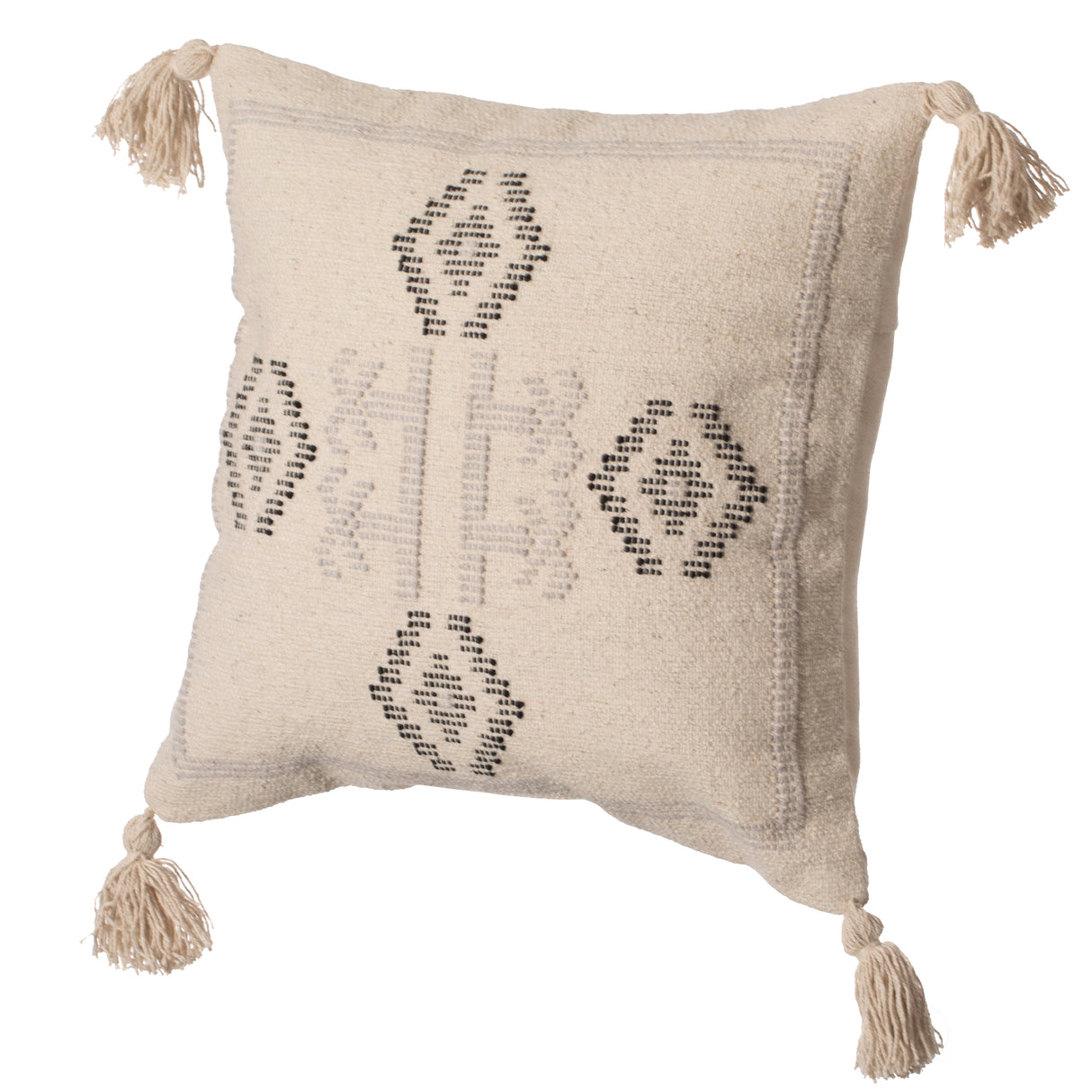 16" Handwoven Cotton Throw Pillow Cover with Tribal Aztec Design and Tassel Corners with Filler, Natural - LEHADAR