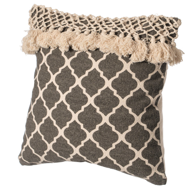 16" Handwoven Cotton Throw Pillow Cover with Ogee Pattern and Tasseled Top with Filler, Charcoal - LEHADAR