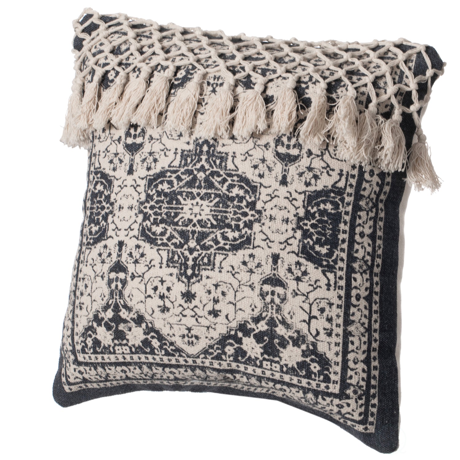 16" Handwoven Cotton Throw Pillow Cover with Traditional Pattern and Tasseled Top with Filler, Navy - LEHADAR