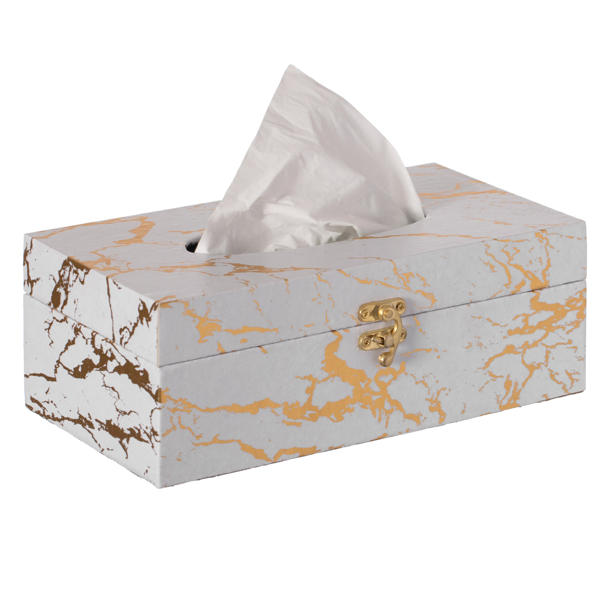 Rectangular Velvet Modern Paper Facial Tissue Box Holder, White and Gold - LEHADAR