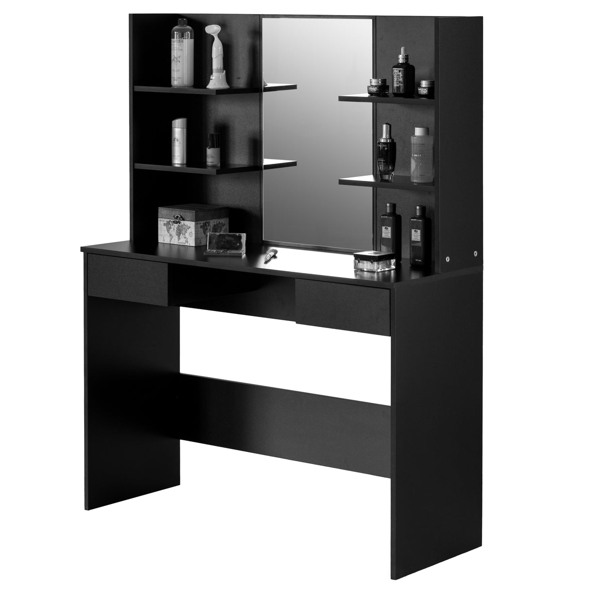 Black Modern Wooden Dressing Table with Drawer, Mirror and Shelves for The Dining Room, Entryway and Bedroom - LEHADAR