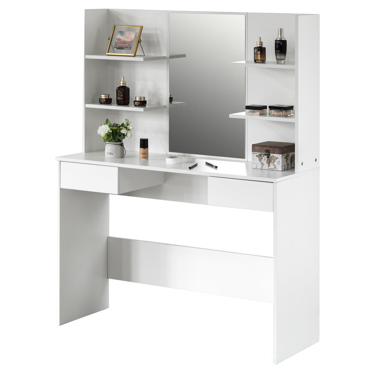 White Modern Wooden Dressing Table with Drawer, Mirror and Shelves for The Dining Room, Entryway and Bedroom - LEHADAR
