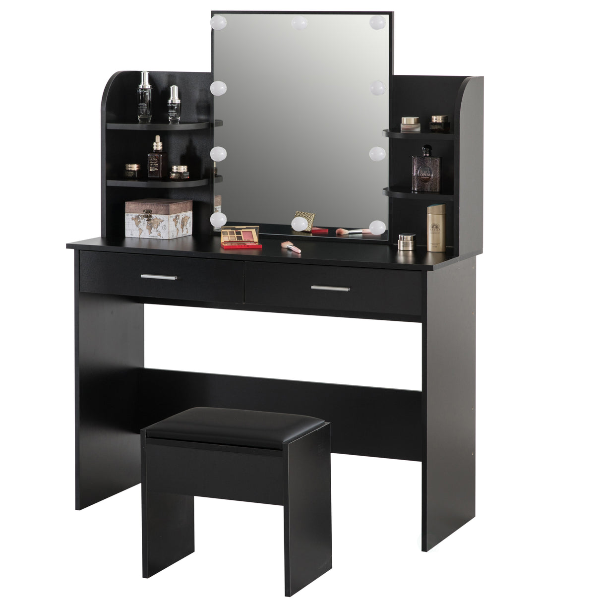 Black Modern Wooden Vanity Dressing Table With Two Drawers, Led Mirror and Stool - LEHADAR