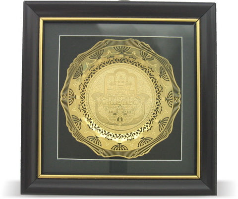 Oval Perforated Plate In Glass Frame 3D, Golden- "Jerusalem" 15*15 Cm - LEHADAR