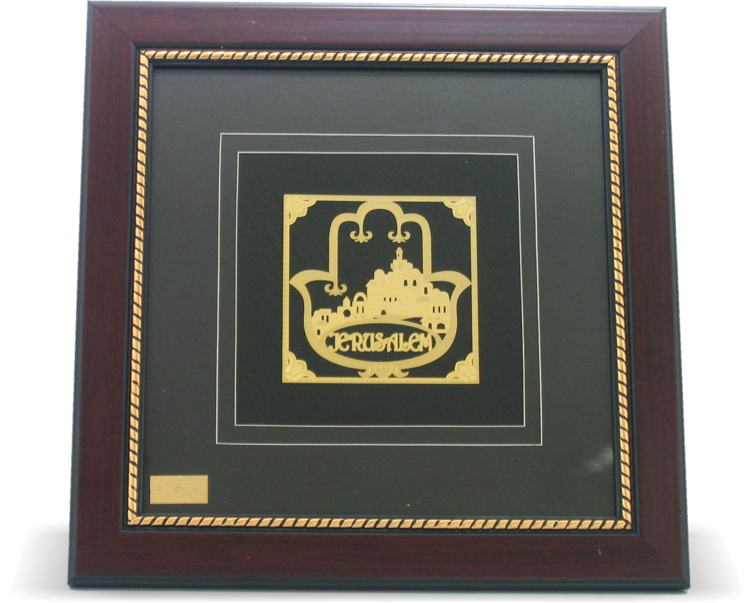 Golden Plate In Glass Frame -Hamsa 32*32Cm - LEHADAR