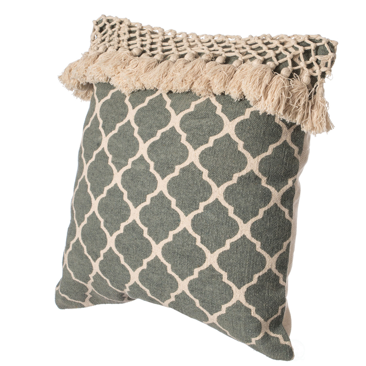 16" Handwoven Cotton Throw Pillow Cover with Ogee Pattern and Tasseled Top, Green - LEHADAR