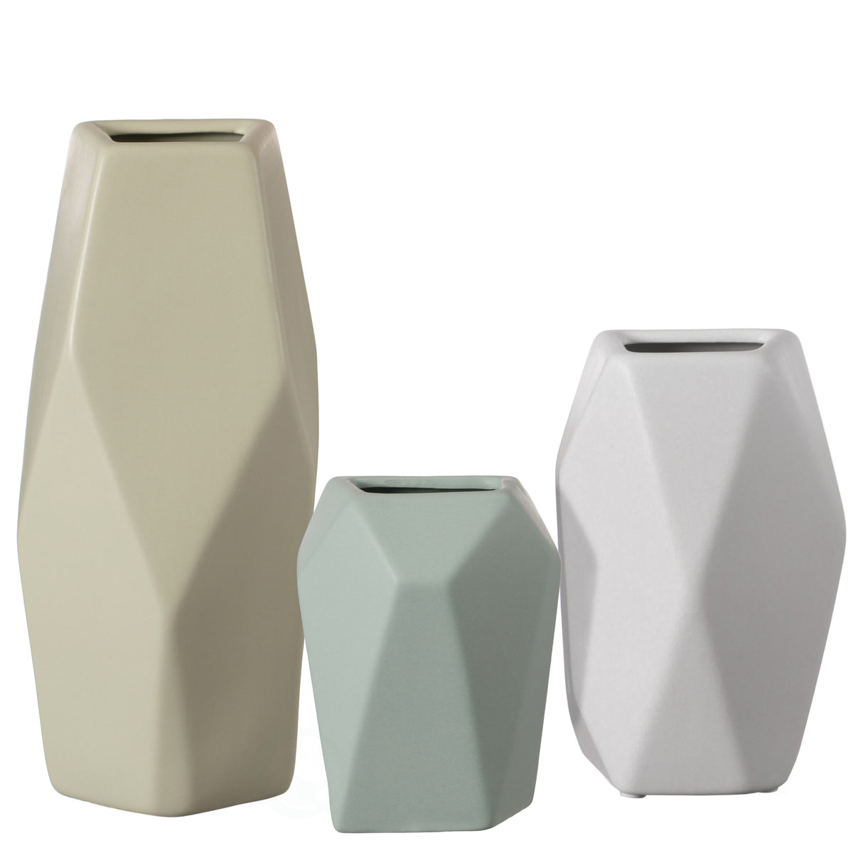 Decorative Ceramic Multi Paned Vase, Modern Style Centerpiece Table Vase Set of 3, Beige Large, White Medium, And Green Small - LEHADAR