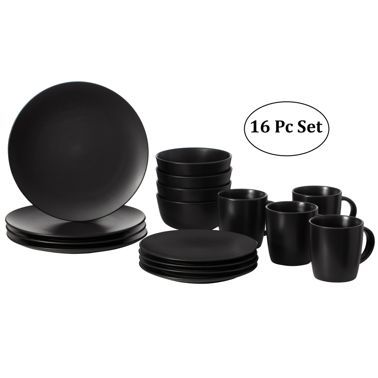 16 PC Dinnerware Dish Set for 4 Person | Mugs, Salad and Dinner Plates and Bowls Sets, High Quality Dishes with Highly Chip and Crack Resistant, Dishwasher and Microwave Safe, Matte Black - LEHADAR