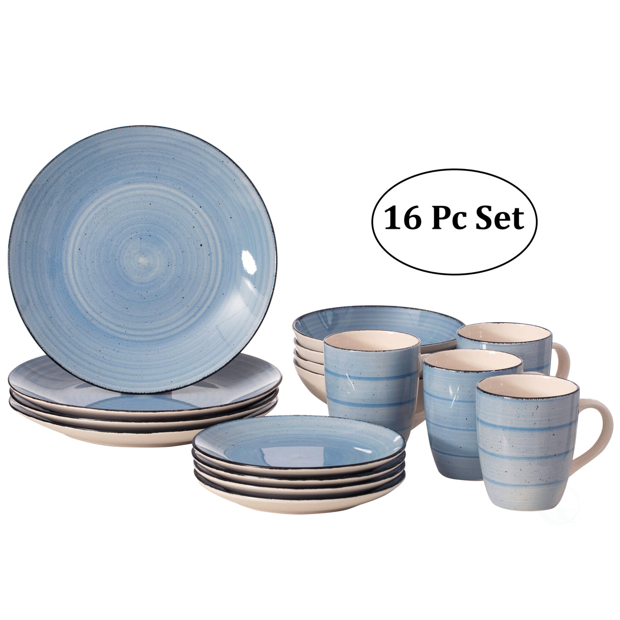 16 PC Spin Wash Dinnerware Dish Set for 4 Person | Mugs, Salad and Dinner Plates and Bowls Sets, High Quality Dishes with Highly Chip and Crack Resistant, Dishwasher and Microwave Safe, Blue - LEHADAR