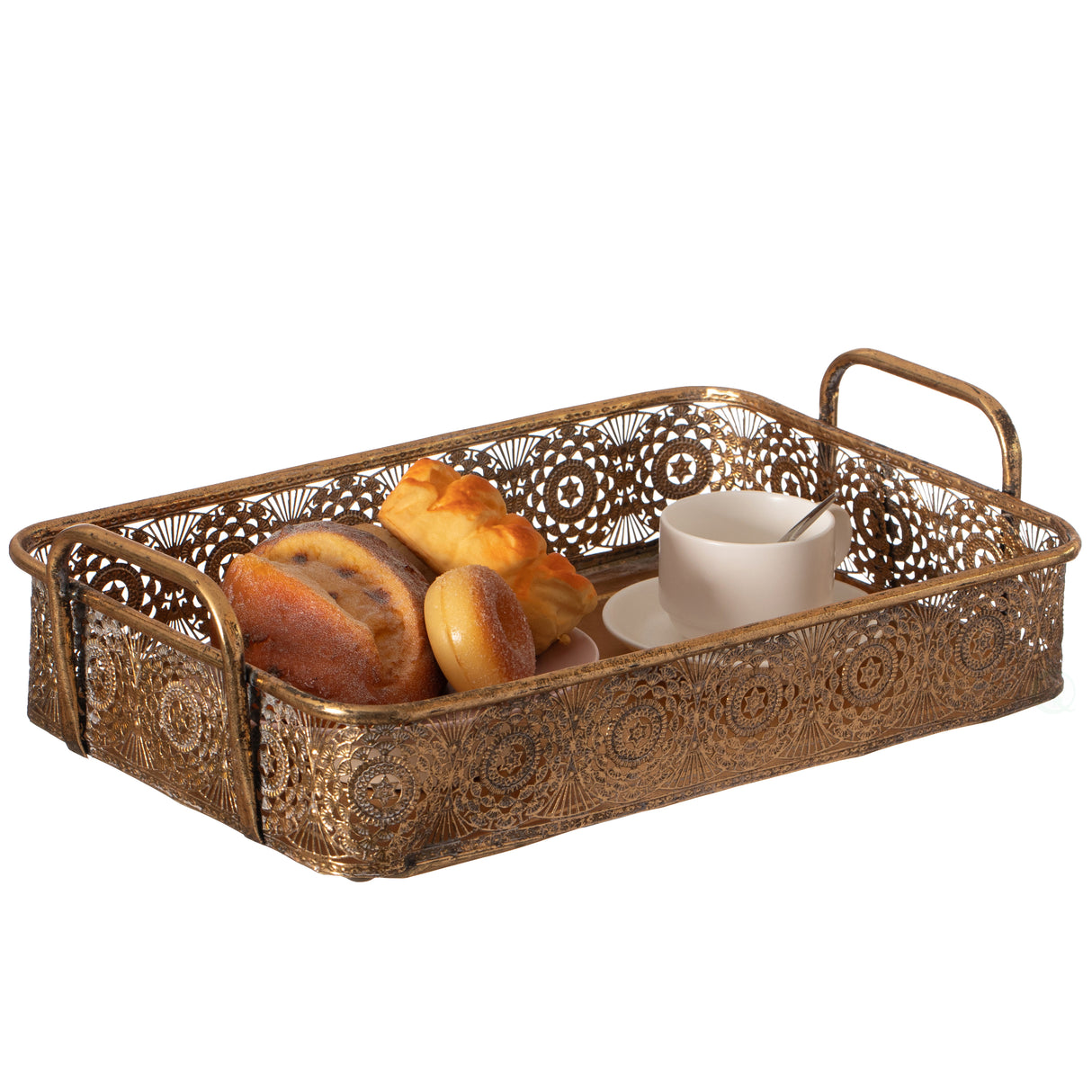 Metal Gold Rectangular Serving Tray with Oval Design and Handles, Medium - LEHADAR