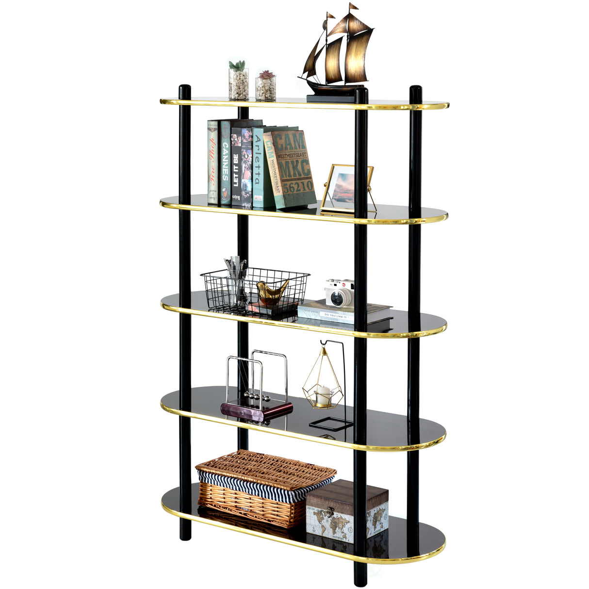 5 Tier Open Bookshelf, Contemporary Classic Modern Style Free Standing Wood Display Rack Unit for Collections, 59" Height Etagere Bookcase, Brown - LEHADAR