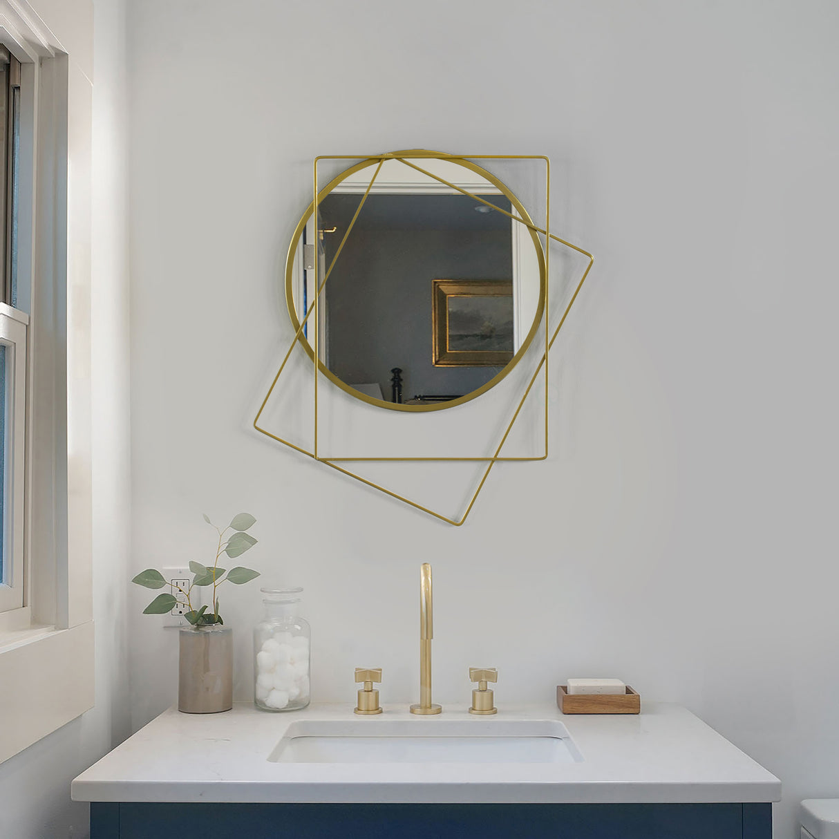 Uniquewise Decorative 20-inch Circle Mirror Featuring 2 Squares Shaped Gold Metal Frame - Perfect for Living Room, Bedroom, Vanity, Entryway, Hallway - Modern Wall Mounted Mirror with Sleek Design - LEHADAR