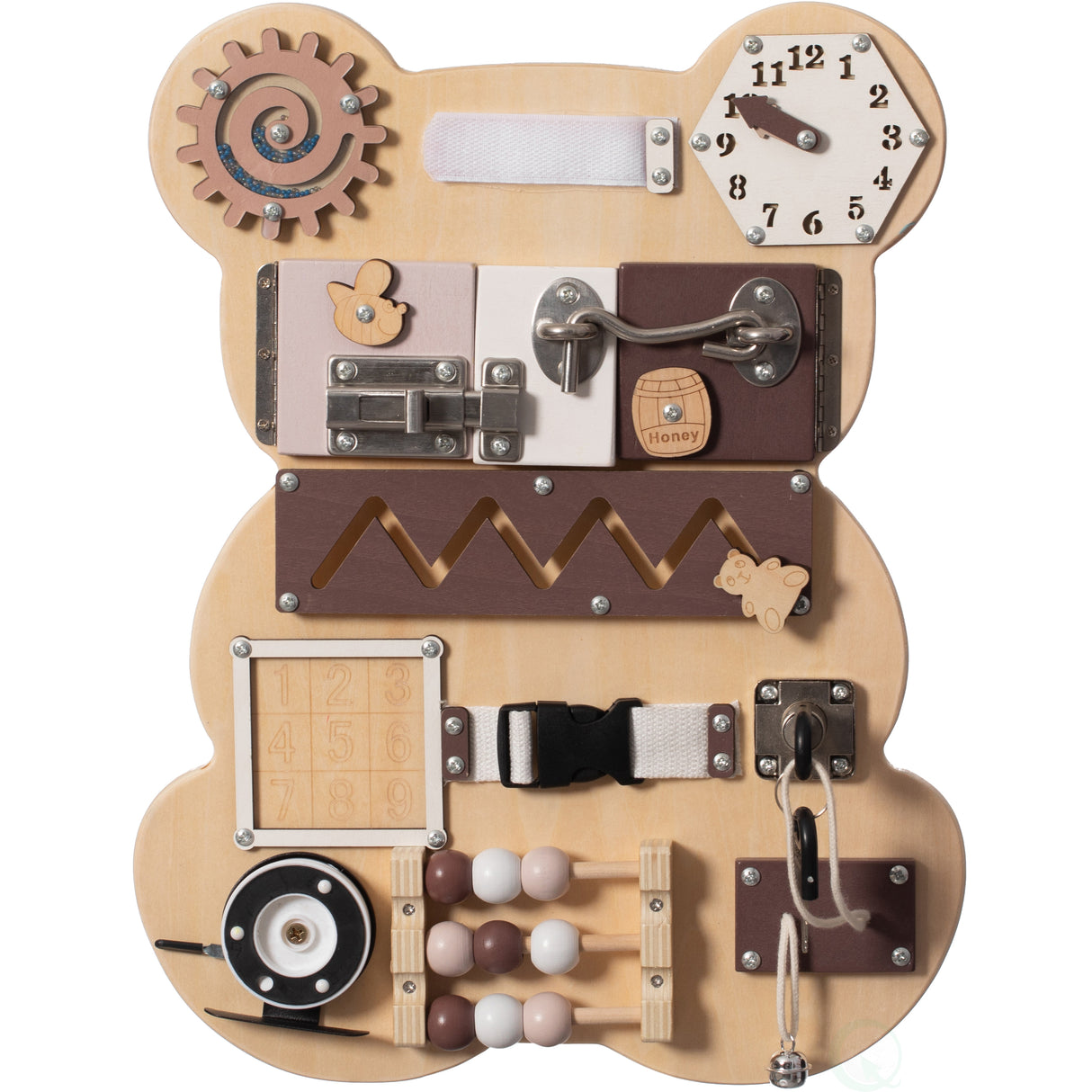 Wooden Sensory Bear Shaped Learning Toddler Busy Board for Playroom, Nursery, Preschool, and Doctors' Office, Brown - LEHADAR