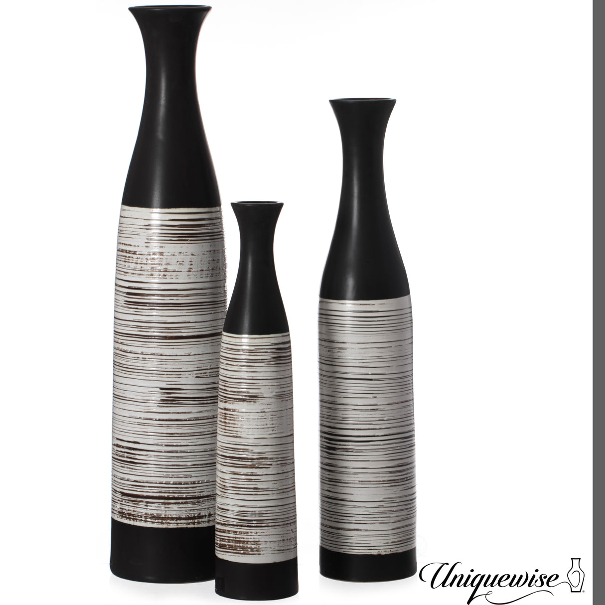 Set of 3 Handcrafted Black and White Waterproof Ceramic Floor Vase - Neat Classic Bottle Shaped Vase, Freestanding Design, Perfect for Tall Floral Arrangements - LEHADAR