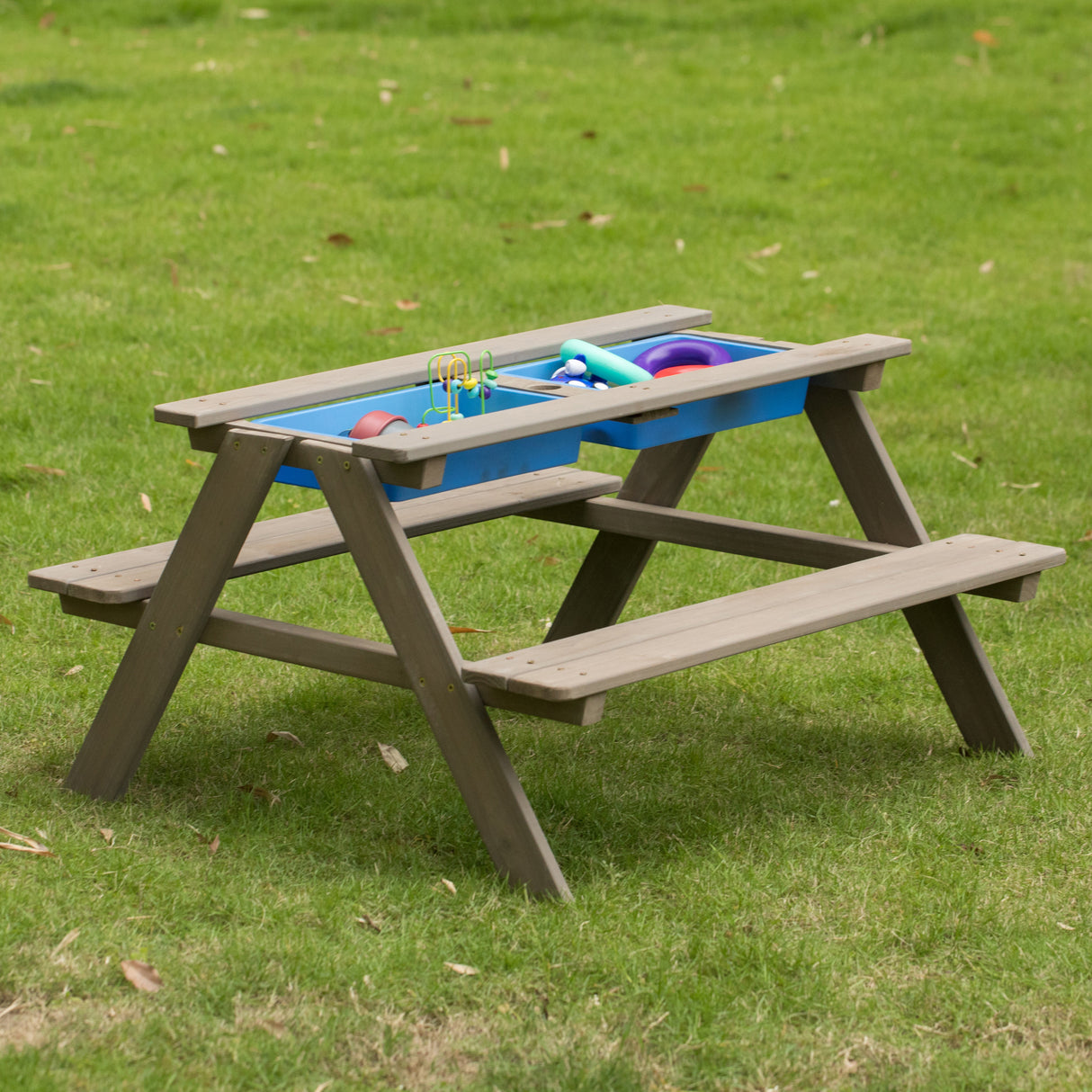 Kids Picnic Play Table, Sandbox Table with Umbrella Hole and 2 Play Boxes with Removable Top, Gray - LEHADAR