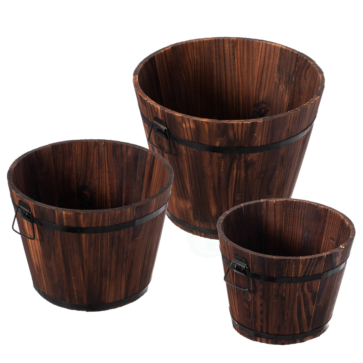 Rustic Wooden Whiskey Barrel Planter with Durable Medal Handles and Drainage Hole - Perfect for Indoor and Outdoor Plants, Herbs, and Vegetables - Set of 3 - LEHADAR