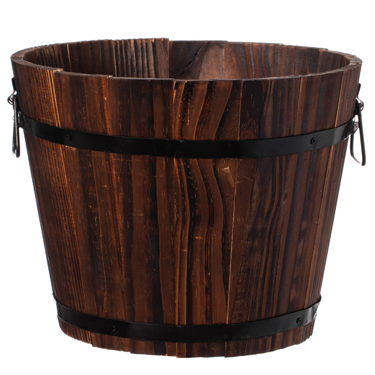 Rustic Wooden Whiskey Barrel Planter with Durable Medal Handles and Drainage Hole - Perfect for Indoor and Outdoor Plants, Herbs, and Vegetables - Small - LEHADAR