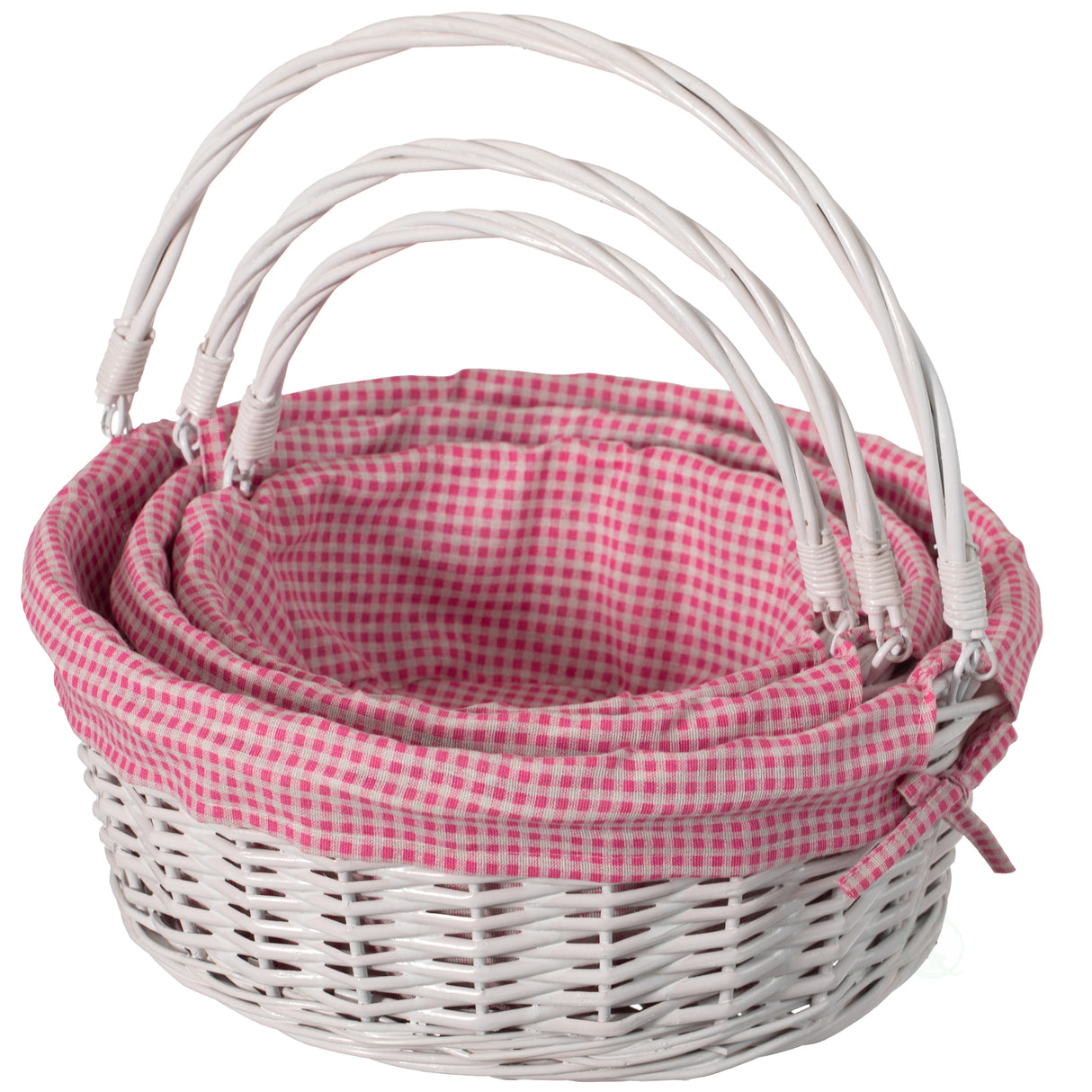 Traditional White Round Willow Gift Basket with Pink and White Gingham Liner and Sturdy Foldable Handles, Food Snacks Storage Basket, Set of 3 - LEHADAR