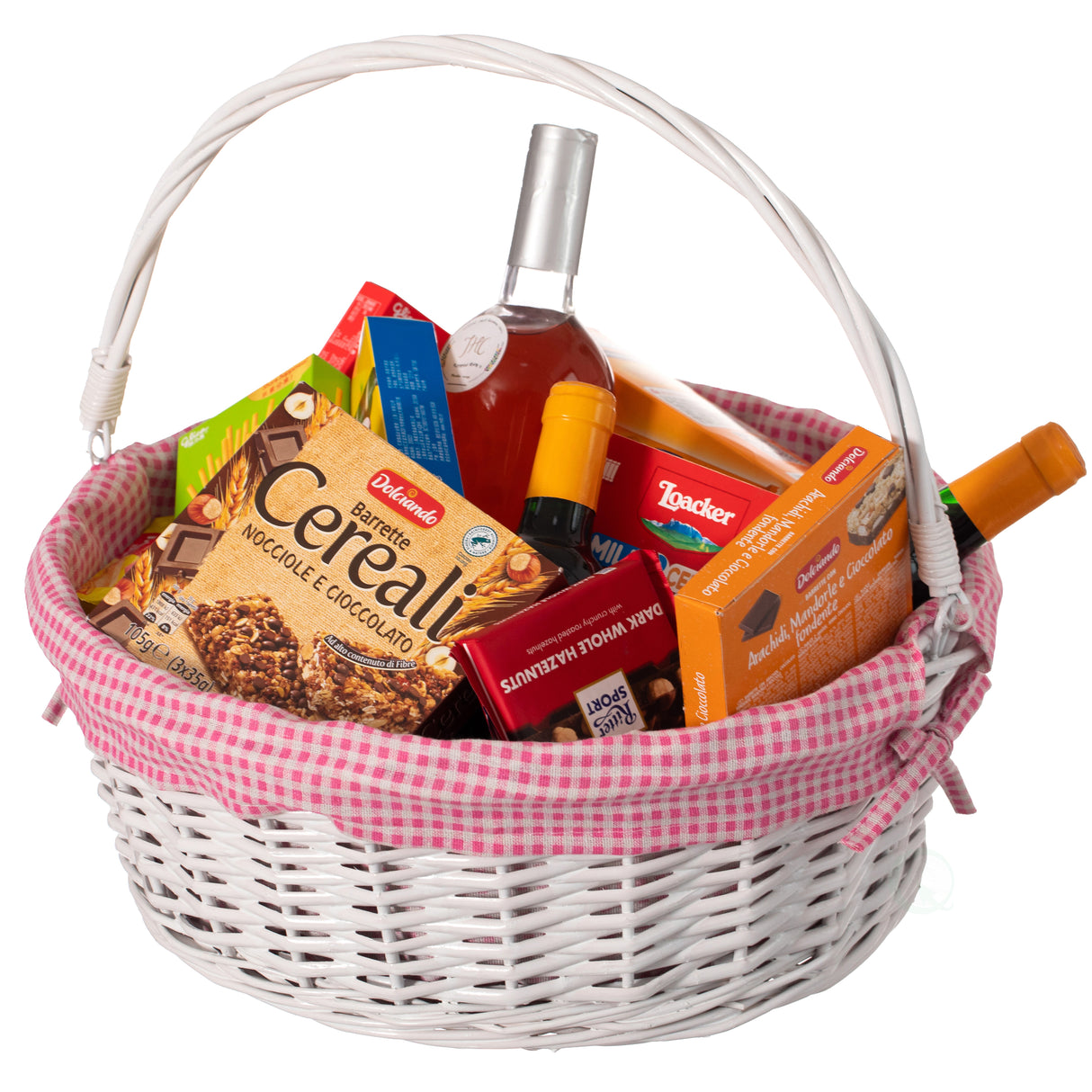 Traditional White Round Willow Gift Basket with Pink and White Gingham Liner and Sturdy Foldable Handles, Food Snacks Storage Basket, Large - LEHADAR