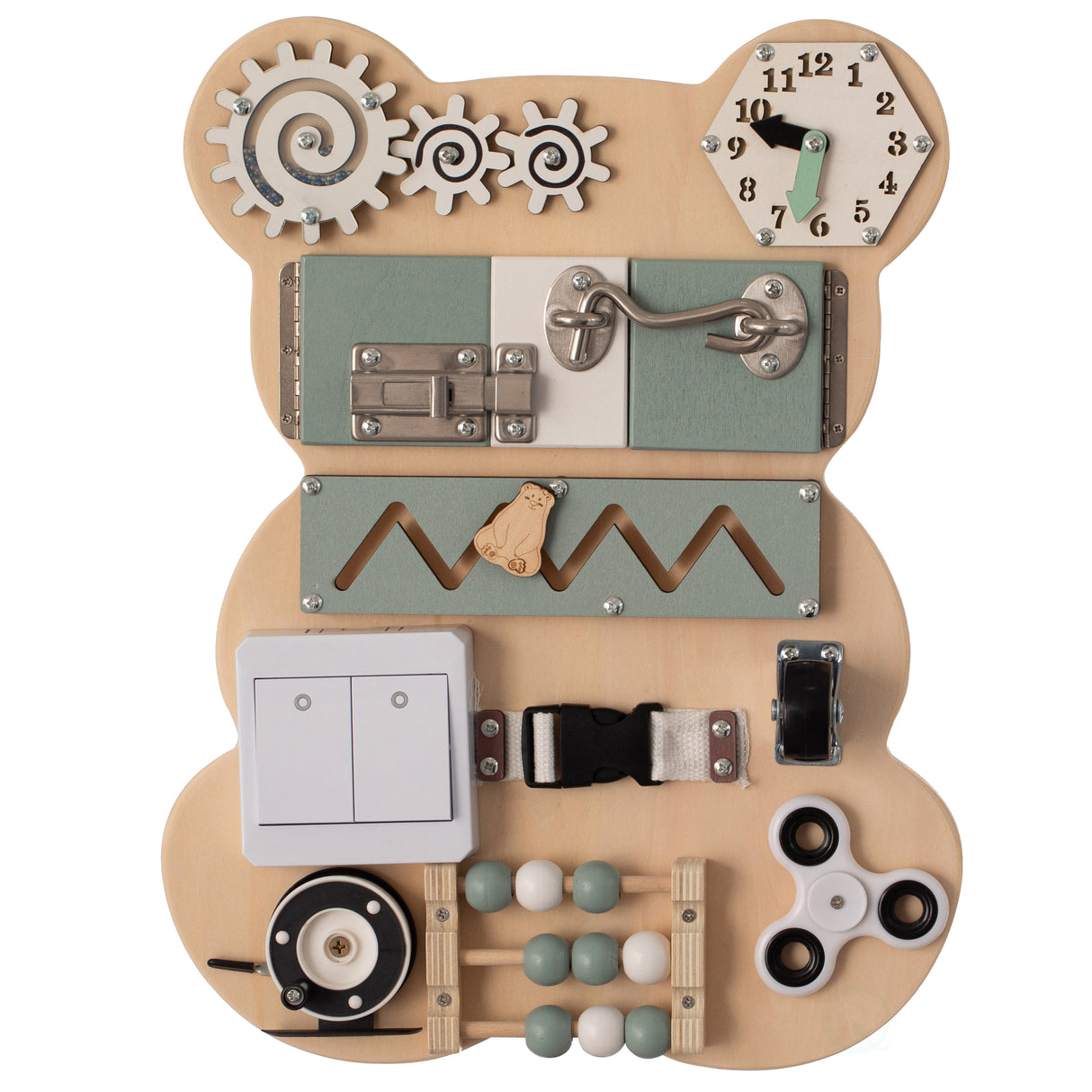 Wooden Sensory Bear Shaped Learning Toddler Busy Board for Playroom, Nursery, Preschool, and Doctors' Office, Green - LEHADAR