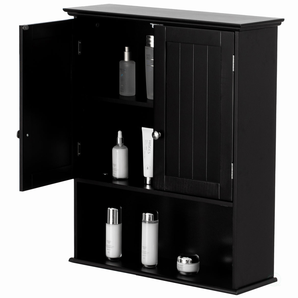 Wall Mount Bathroom Cabinet Wooden Medicine Cabinet Storage Organizer Double Door with 2 Shelves, and Open Display Shelf, Black - LEHADAR