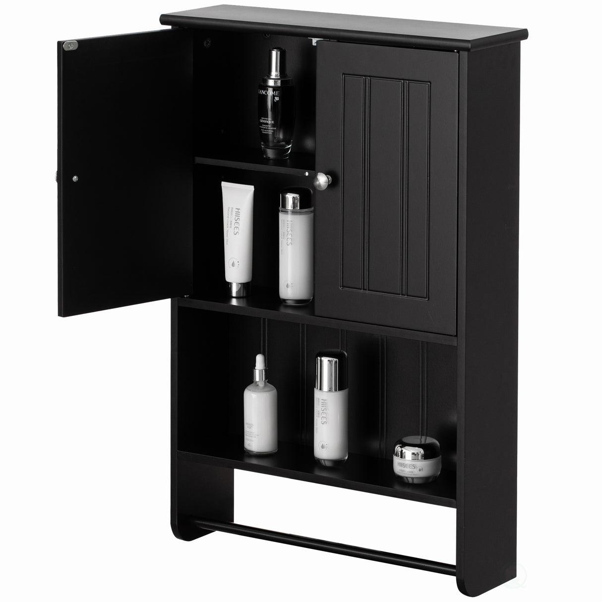 Wall Mount Bathroom Cabinet Wooden Medicine Cabinet Storage Organizer Double Door with 2 Shelves, and Open Display Shelf, with Towel Bar, Black - LEHADAR